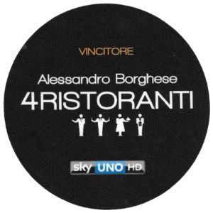 Alessandro Borghese 4 Ristoranti logo, Sky UNO HD. Restaurant TV show branding.