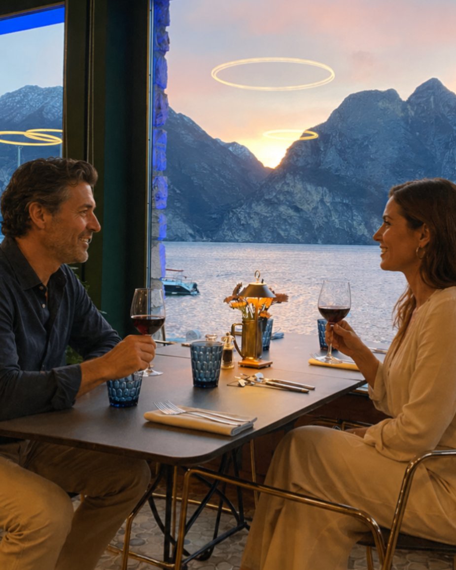 Romantic dinner with wine and lake views. Couple enjoying a naturally beautiful setting.